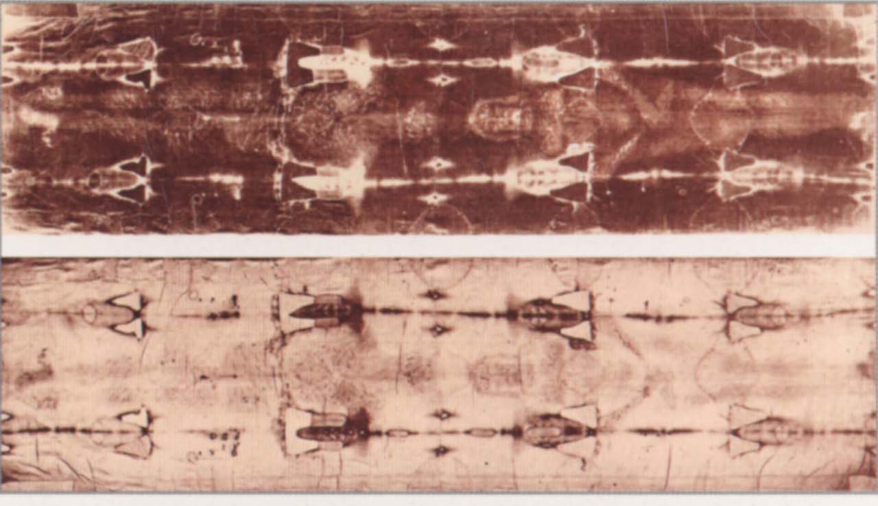 The Shroud of Turin and an x-ray image of Jesus Christ as it was emulsified onto the clothe of the shroud.
