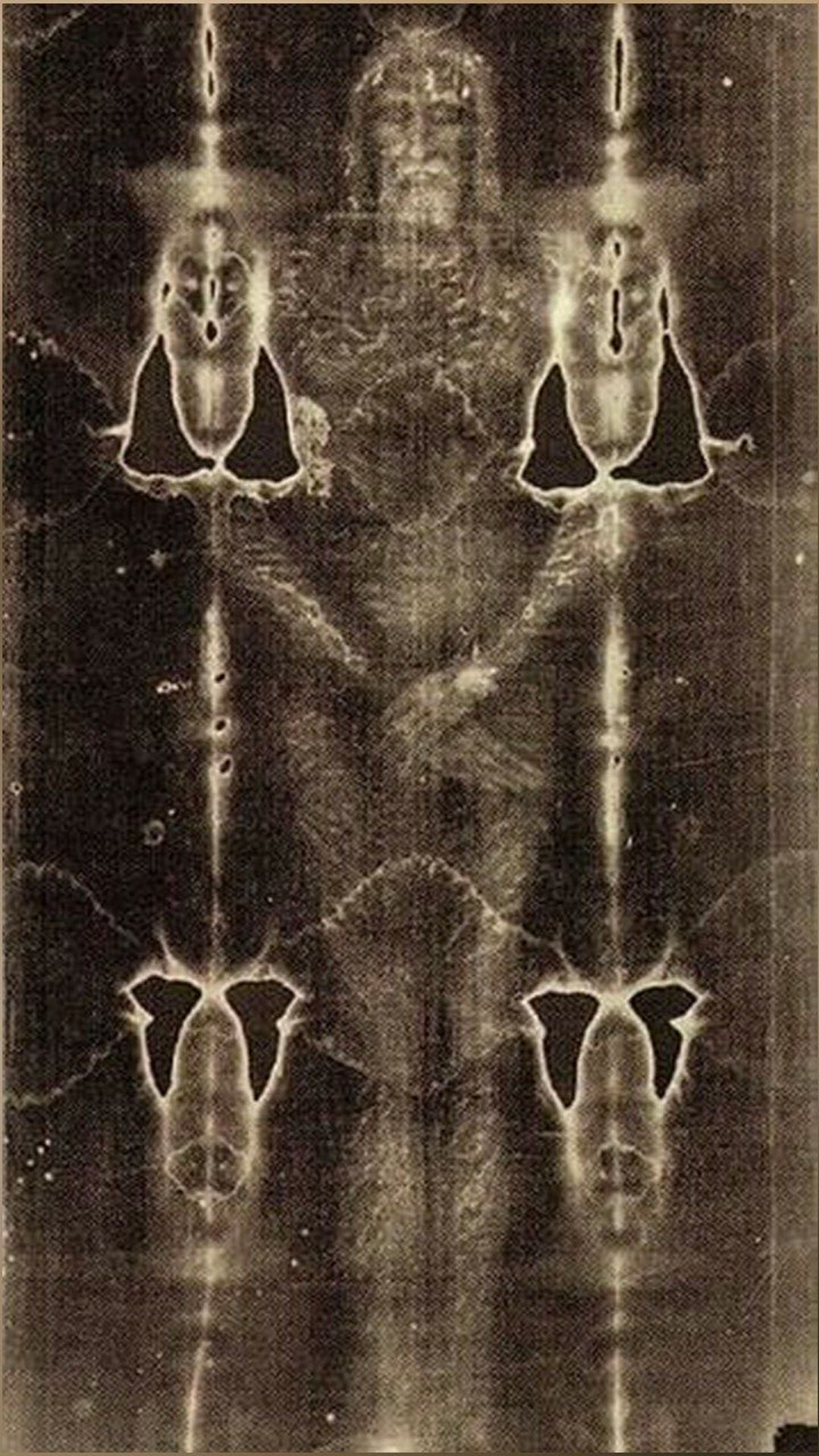 The Shroud of Turin and an x-ray image of Jesus Christ as it was emulsified onto the clothe of the shroud.